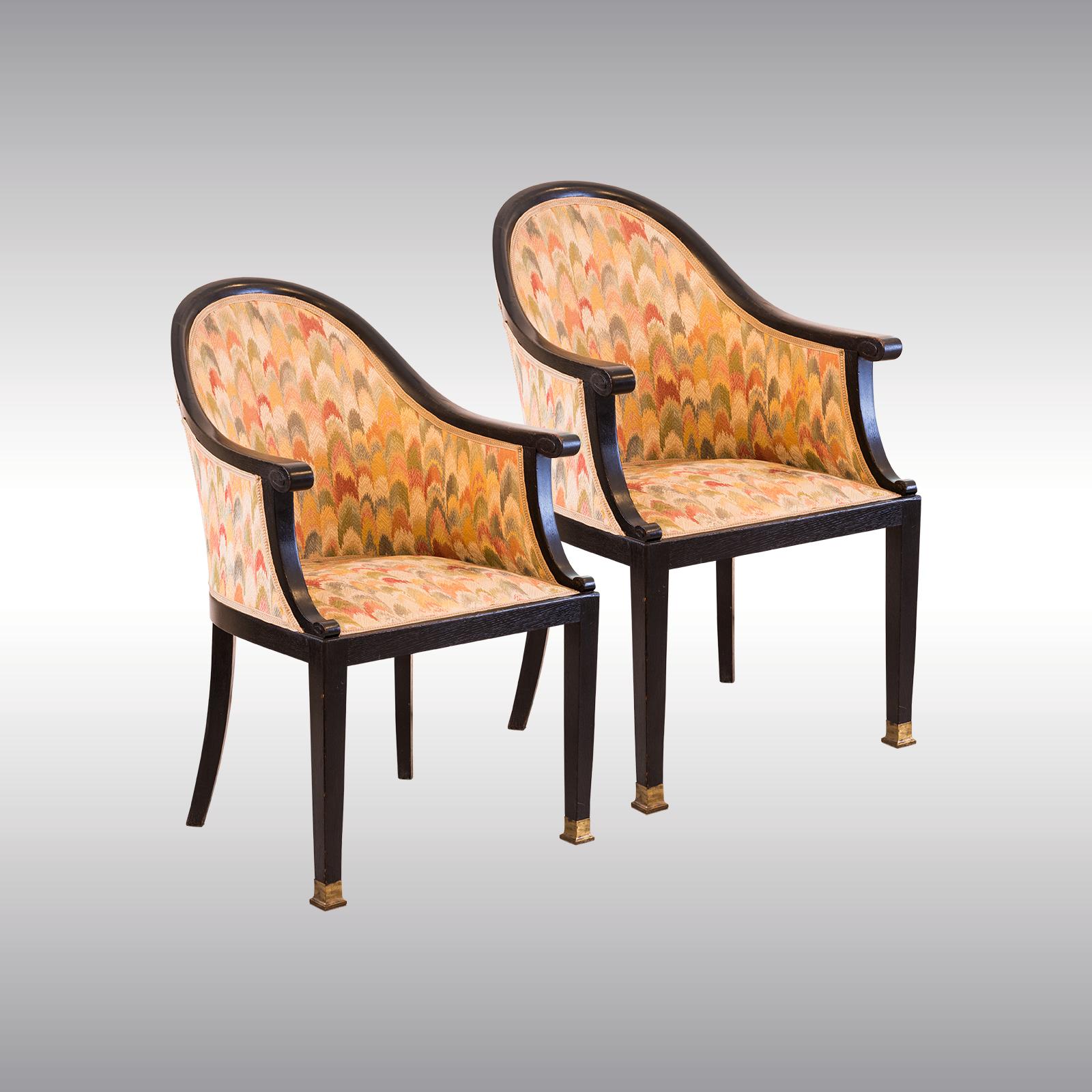 Very elegant and comfortable chairs attributed to Josef Hoffmann or Otto Prutscher. Has been rennovated over a while, the fabric is partly stained. Can be sold separately.

