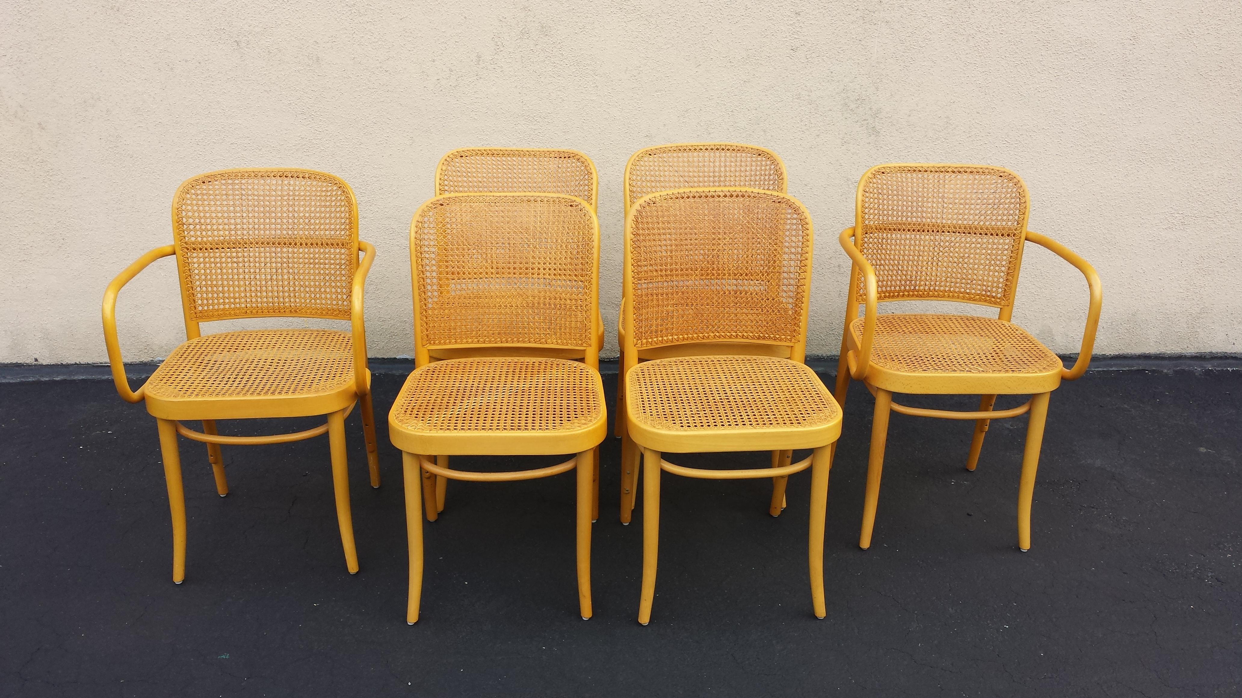 Gorgeous set of Antique Josef Hoffmann bentwood and cane chairs. Made in Poland. Set of 6. 4 side chairs 2 armchairs. Very good condition for age exhibiting minimal wear.

Complimentary free delivery is available for this item in NYC and surrounding