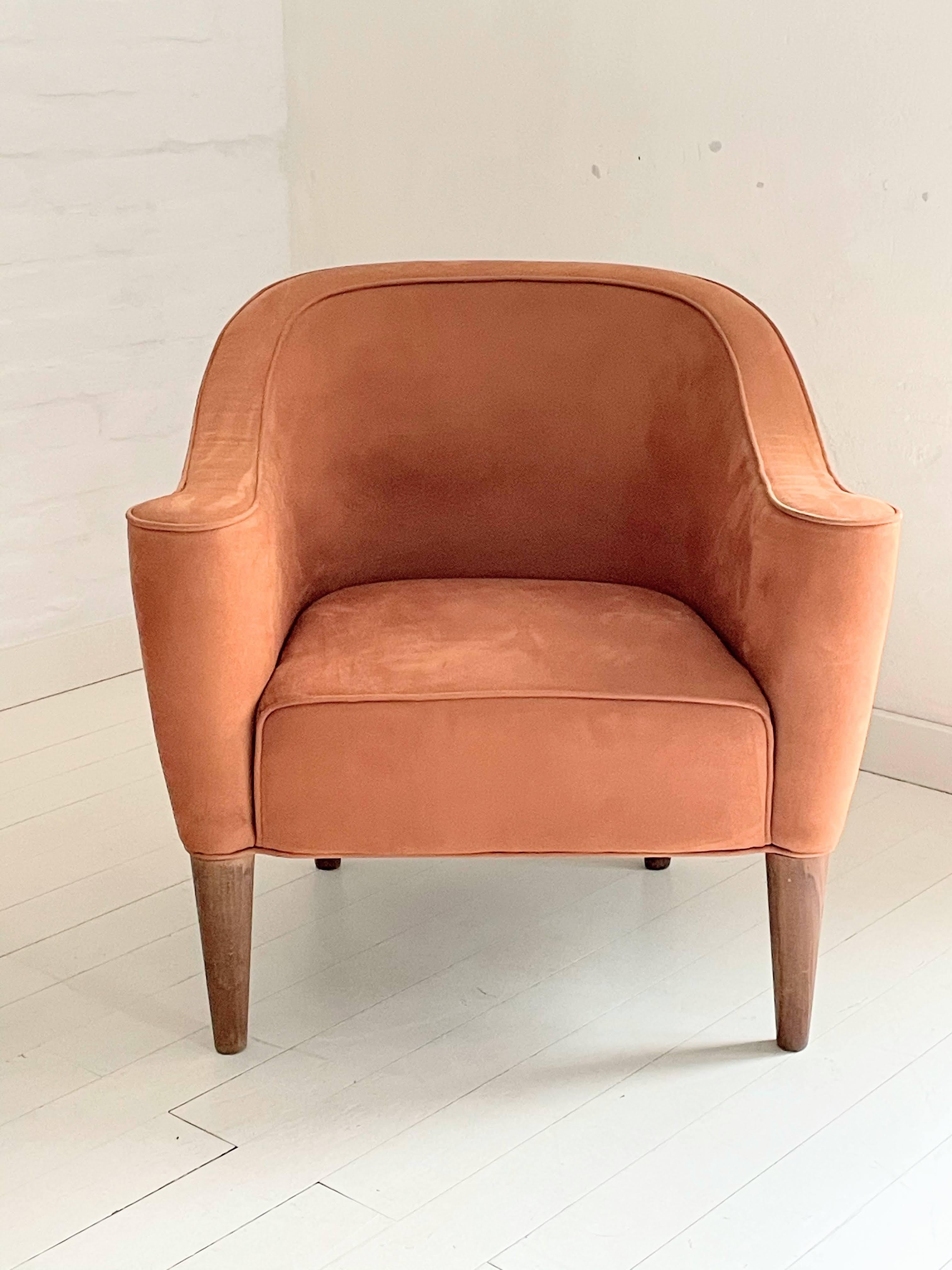 Josef Hoffmann Wiener Werkstatte style tub chairs. Manufactured in Italy, upholstered with velvet-textured terracotta fabric.