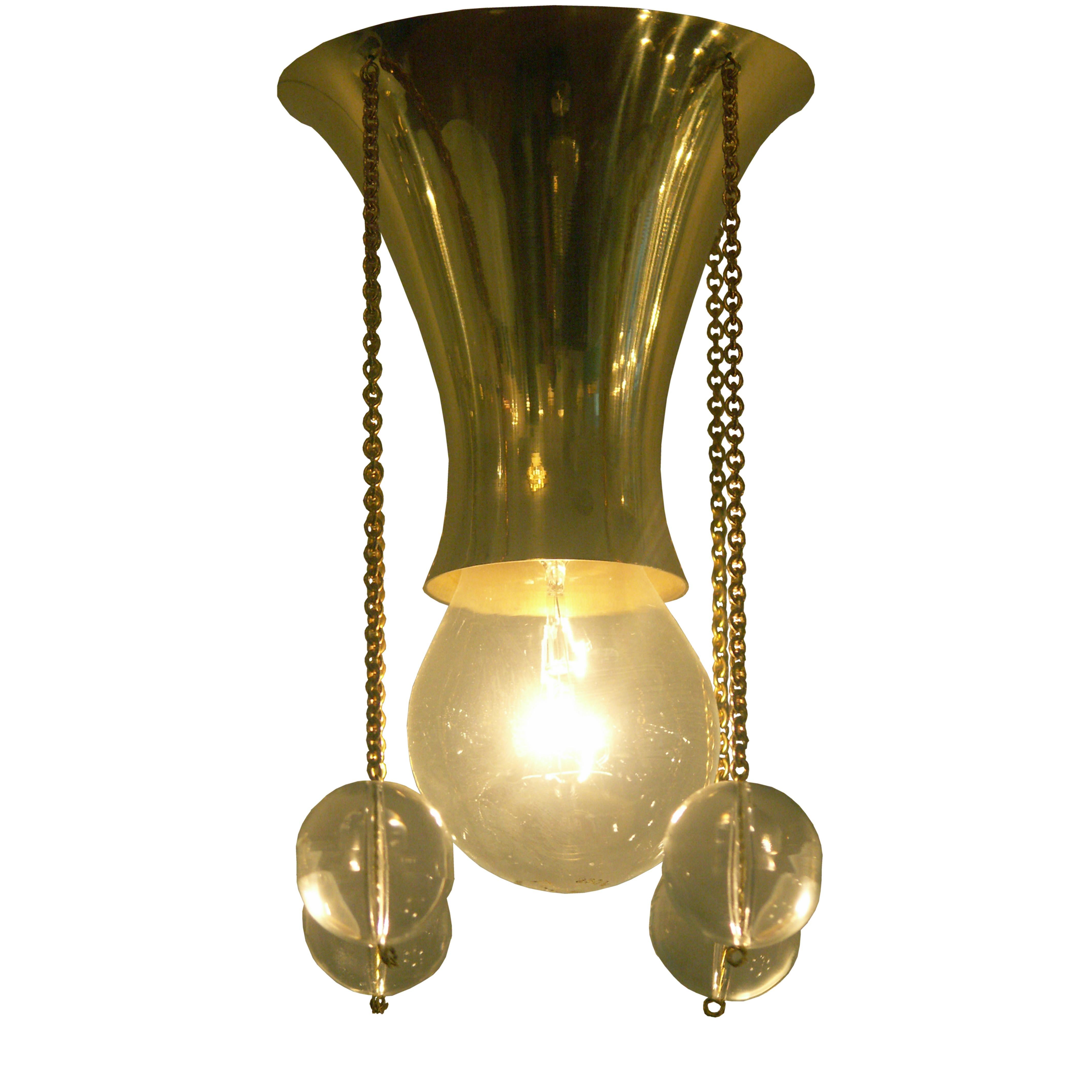Hanging- lamp from the showrooms of the Wiener Werkstaette used by Hoffmann in several variations. Hammered originally. Works-number M115, pattern-book of the Wiener Werkstaette: WWMB 3 p. 256-257.
Material used is crystal-glass-balls, patinated