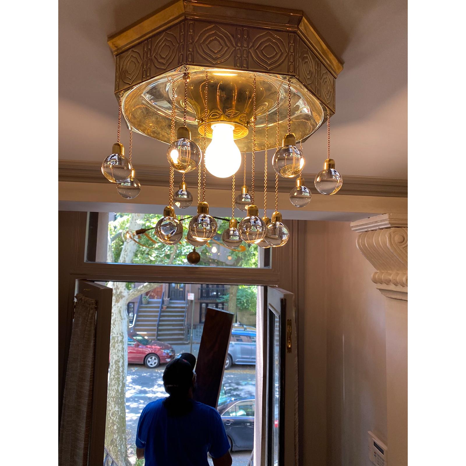 Ceiling lamp designed for the great hall at the Stoclet Palais, the lush and opulent Palace in Brussels, entirely executed by the Wiener Werkstätte with contribution by Michael Powolny, Gustav Klimt, L.H. Jungnickel and many more.

All components