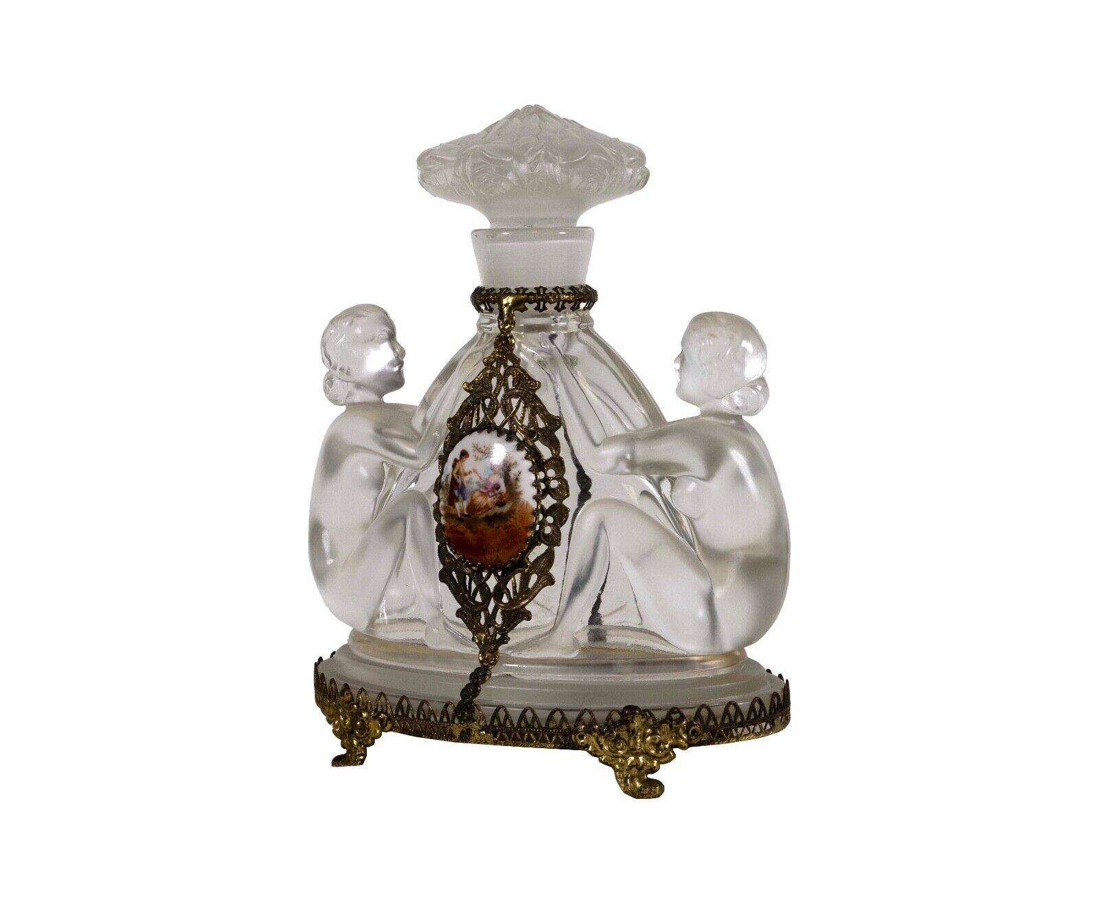 Josef Inwald Czech Art Deco Glass Perfume Bottle Nude Porcelain Plaque 30s For Sale 1
