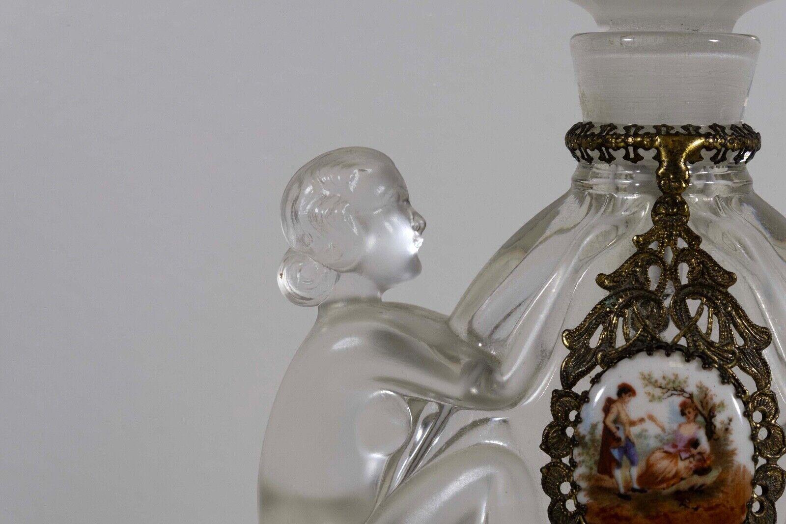 Josef Inwald Czech Art Deco Glass Perfume Bottle Nude Porcelain Plaque 30s For Sale 3
