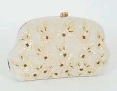 Josef Ivory and Gold Bead Bridal Evening Clutch w Sequin Flowers – France, 1950s
