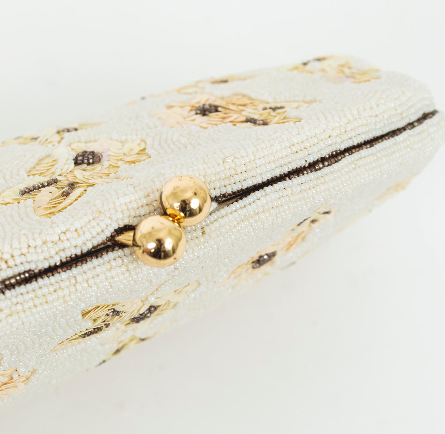 Women's Josef Ivory and Gold Bead Bridal Evening Clutch w Sequin Flowers – France, 1950s
