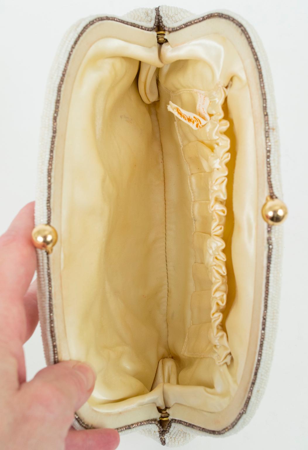 Josef Ivory and Gold Bead Bridal Evening Clutch w Sequin Flowers – France, 1950s 3