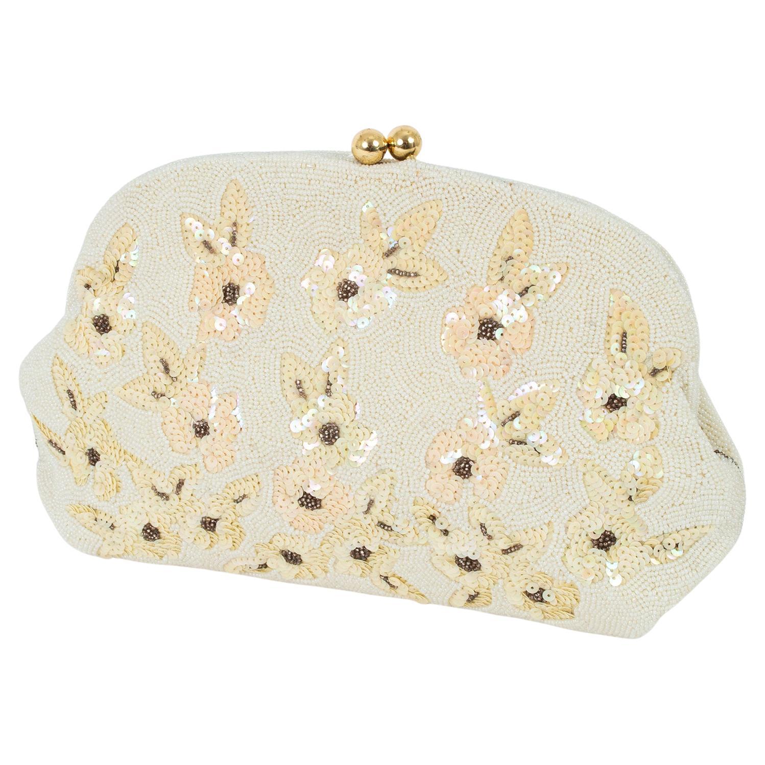 Josef Ivory and Gold Bead Bridal Evening Clutch w Sequin Flowers – France, 1950s