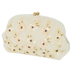 Josef Ivory and Gold Bead Bridal Evening Clutch w Sequin Flowers – France, 1950s