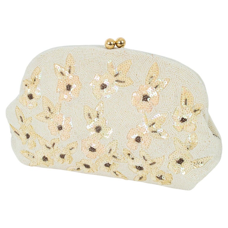 Josef Ivory and Gold Bead Bridal Evening Clutch w Sequin Flowers – France,  1950s at 1stDibs