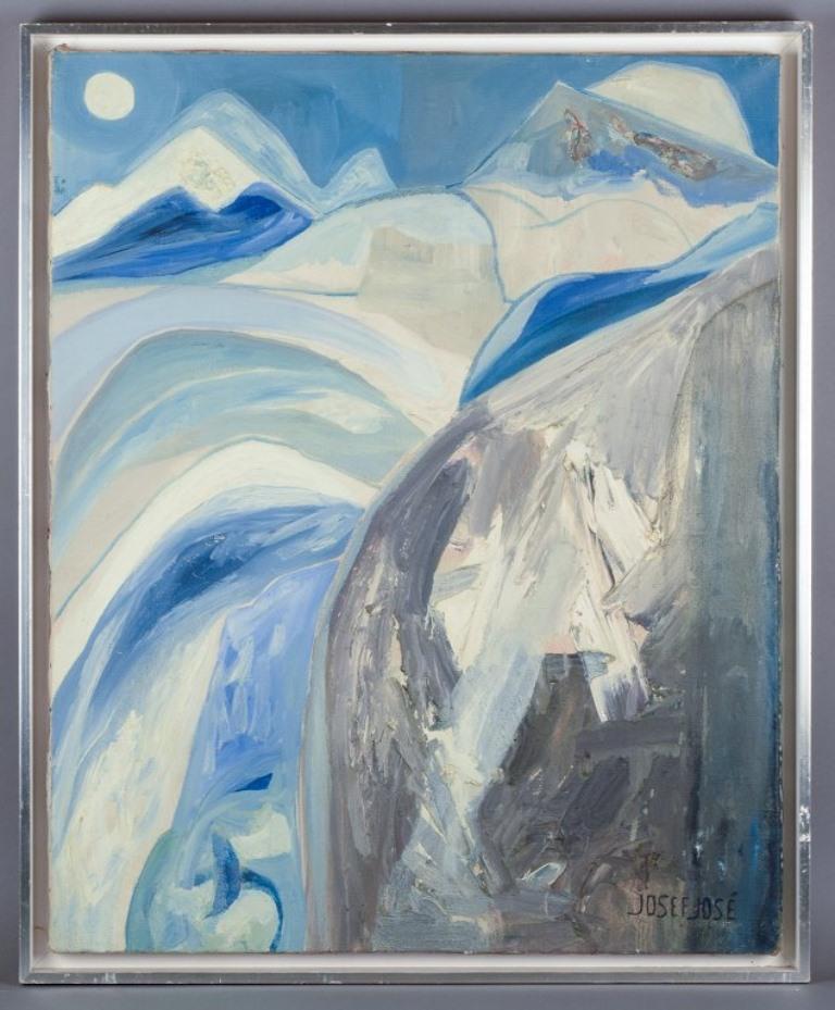 Josef José, listed French artist. 
Oil on canvas.
Snow-covered mountain landscape in abstract style.
Bold brushstrokes.
Mid-20th century.
In excellent condition.
Signed.
Dimensions: Width 65.0 cm x Height 80.5 cm.
Total dimensions: Width 70.5 cm x