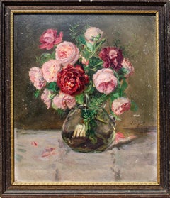 Antique Viennese Impressionist Josef Jungwirth Rose Still Life, 1921