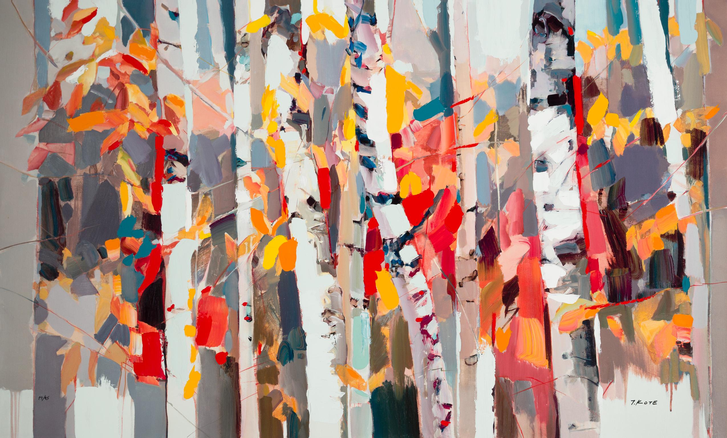 Josef Kote Landscape Painting - "Changing Seasons" Abstracted Birch Trees in Fall with Hand Embellishments