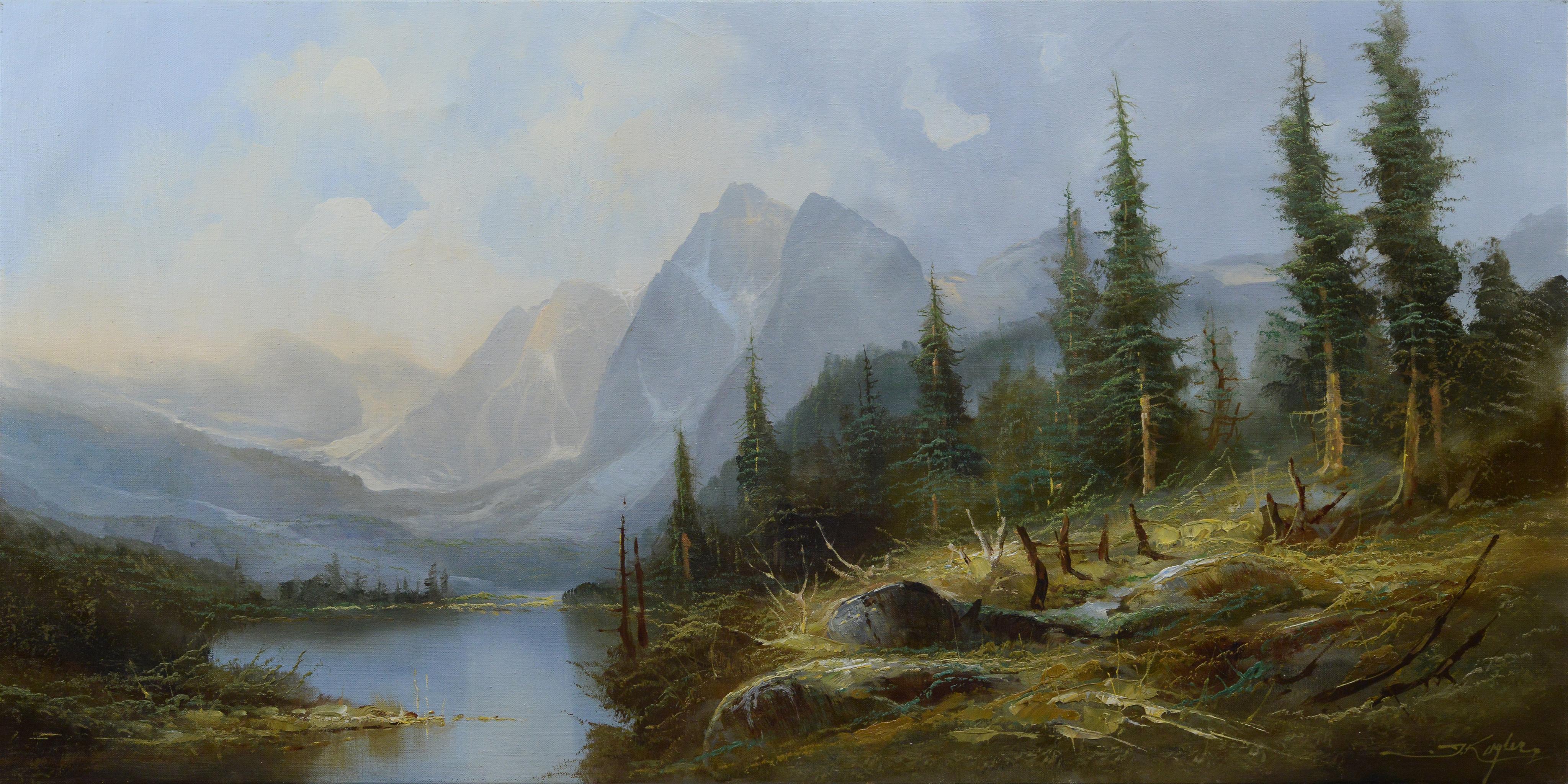Large Mid 20th Century Austrian Panoramic Alpine Landscape Oil Painting J Kugler