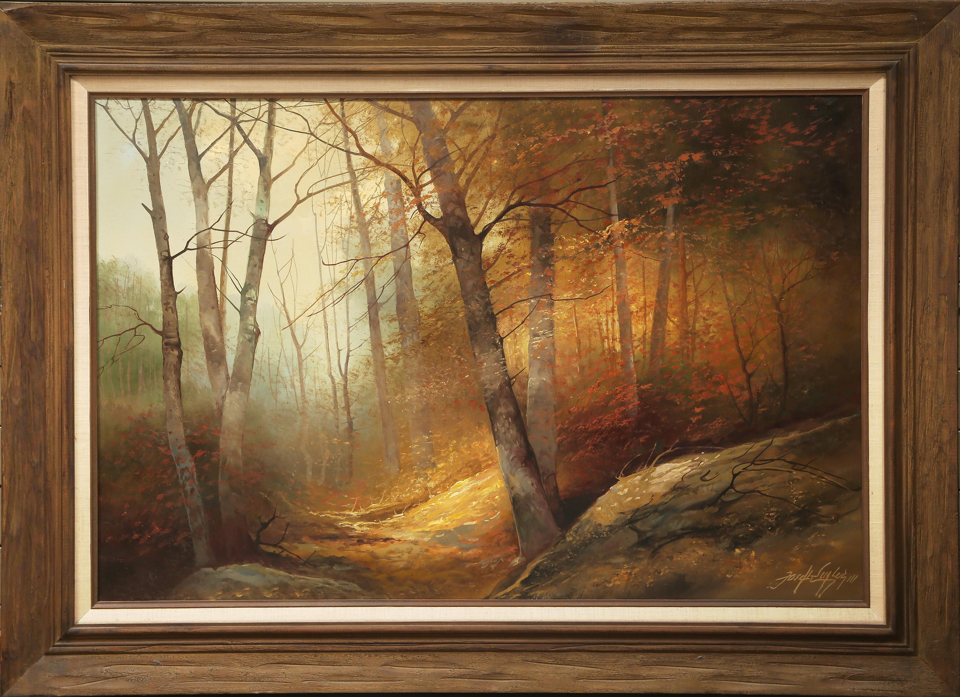 Josef Kugler, austriaco (1913 - 2011) - Woodlands, Anno:  circa 1968, Medio:  Olio su tela, firmato in basso a destra, Dimensioni:  24,25 x 36 pollici (61,6 x 91,44 cm), Dimensioni della cornice:  32,5 x 44,25 pollici, Descrizione:  Questo dipinto a