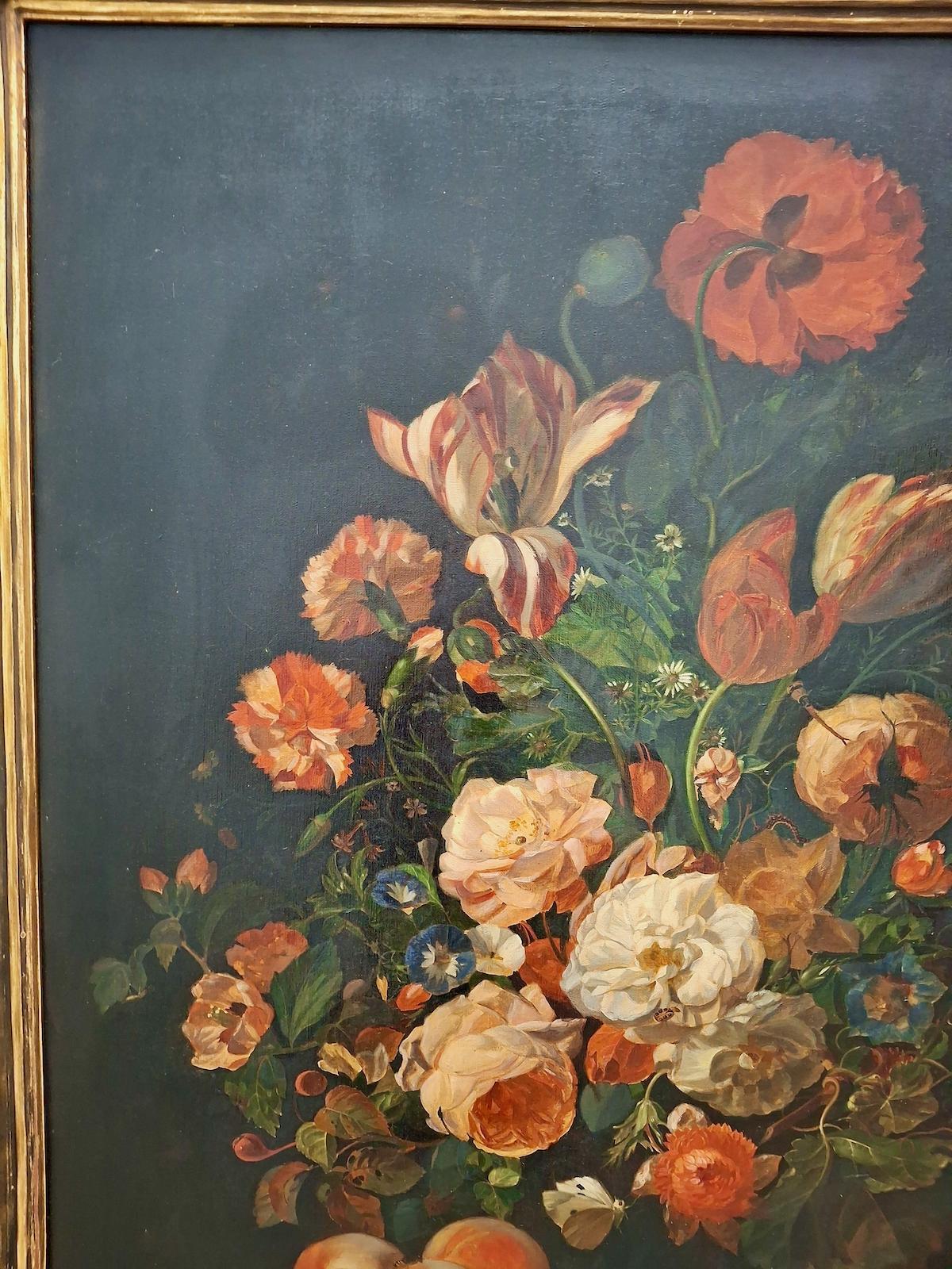 Attributed to Josef Lauer, Still Life with Roses, Tulips, Apples and Butterflies For Sale 1
