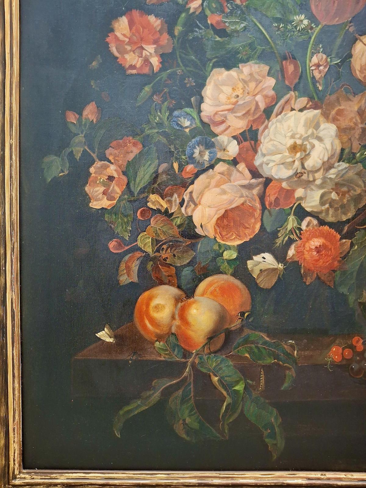 Attributed to Josef Lauer, Still Life with Roses, Tulips, Apples and Butterflies For Sale 3