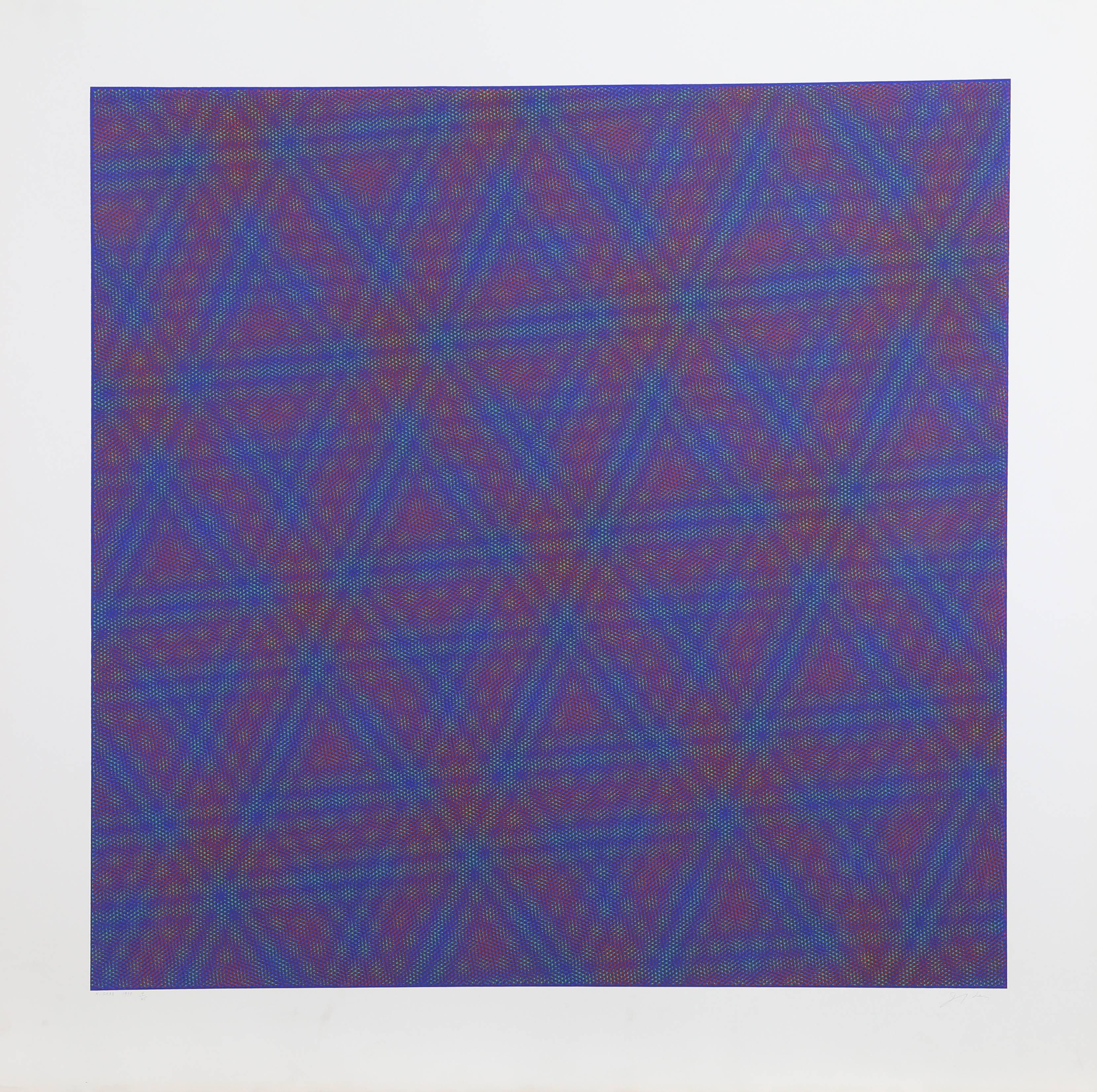 This screenprint was created by American artist Josef Levi. Levi is especially known for his interest in the visual similarities that transcend cultures, like the pattern shown here. This piece measures 35 x 35 inches and comes from an edition of