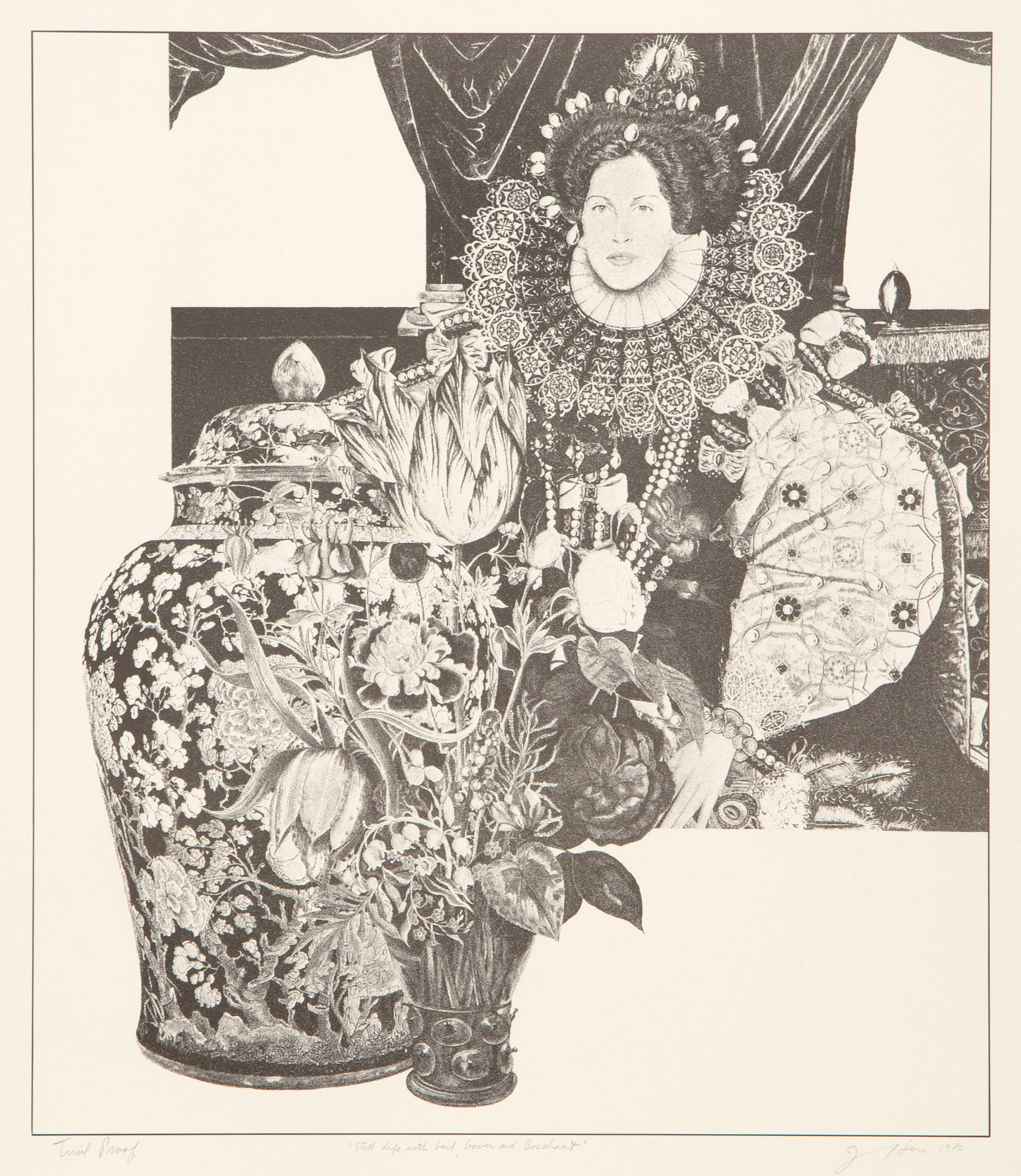 Josef Levi, American (1938 - ) -  Still Life with Gail, Gower, and Bosschaert, Year: 1980, Medium: Screenprint on Arches, signed, titiled, numbered and dated in pencil, Edition: Trial Proof, Image Size: 17.25 x 15 inches, Size: 24 x 21 in. (60.96 x
