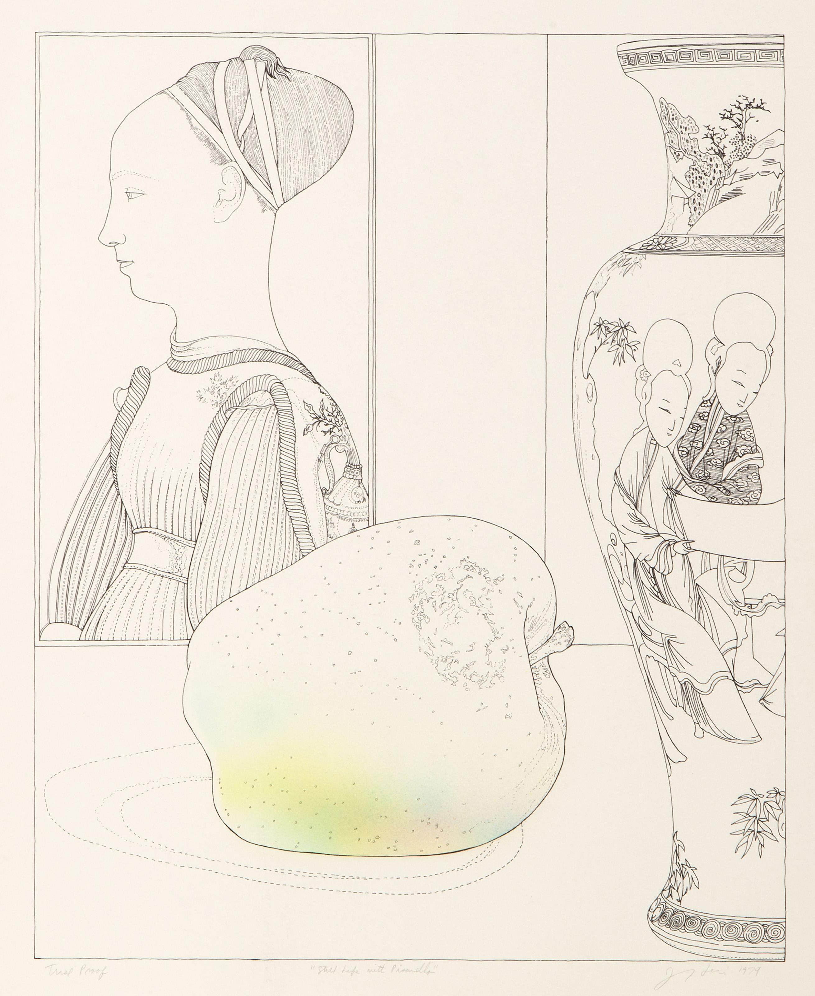  Josef Levi, American (1938 - ) -  Still Life with Pisanello, Year: 1979, Medium: Screenprint on Arches, signed, titled, dated and numbered in pencil, Edition: Trial Proof, Image Size: 19.25 x 15.5 inches, Size: 25 x 20.75 in. (63.5 x 52.71 cm)