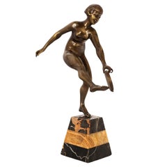Scultura antica in bronzo Art Deco Statua di ballerina nuda femminile Josef Lorenzl 1925