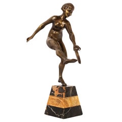 Used Art Deco Bronze Sculpture Statue Female Nude Dancer Josef Lorenzl 1925