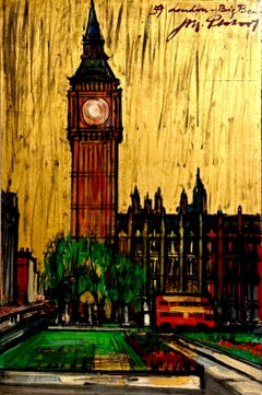 Large London Big Ben Mod Mid Century Architectural Modernist Gold Leaf Painting