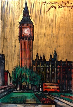 London, Big Ben Cityscape Mid Century Architectural Modernist Gold Leaf