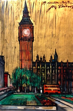 London, Big Ben Cityscape Mid Century Architectural Modernist Gold Leaf