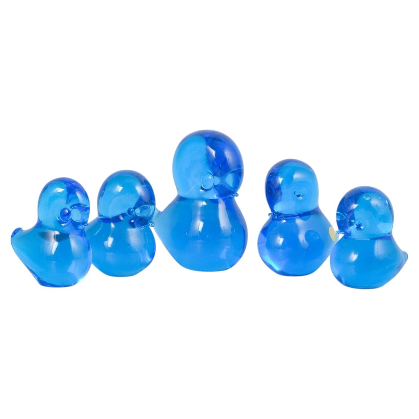 Josef Marcolin for FM Ronneby. Set of five duck figurines in blue art glass. For Sale