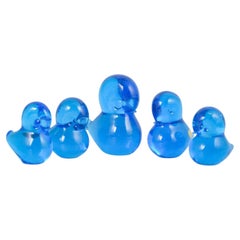 Josef Marcolin for FM Ronneby. Set of five duck figurines in blue art glass.
