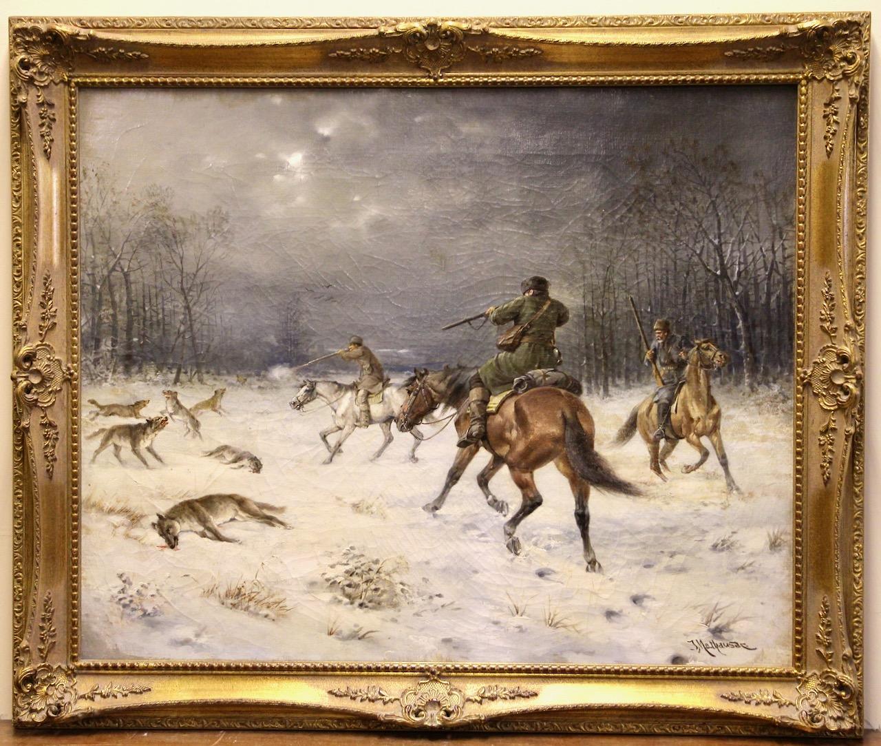 Josef Mathauser, 19e siècle, scène de chasse dans une forêt hivernale, « La chasse au loup » en vente 1