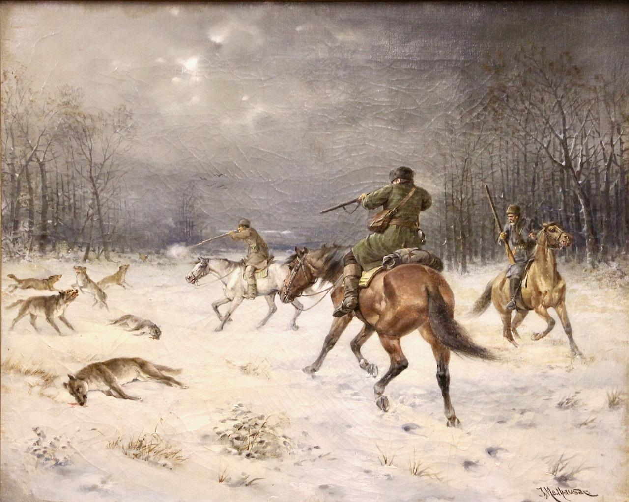 Josef Mathauser, 19e siècle, scène de chasse dans une forêt hivernale, « La chasse au loup » en vente 2