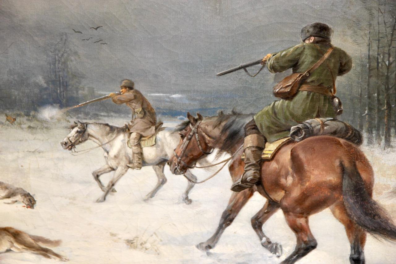 Josef Mathauser, 19e siècle, scène de chasse dans une forêt hivernale, « La chasse au loup » en vente 3