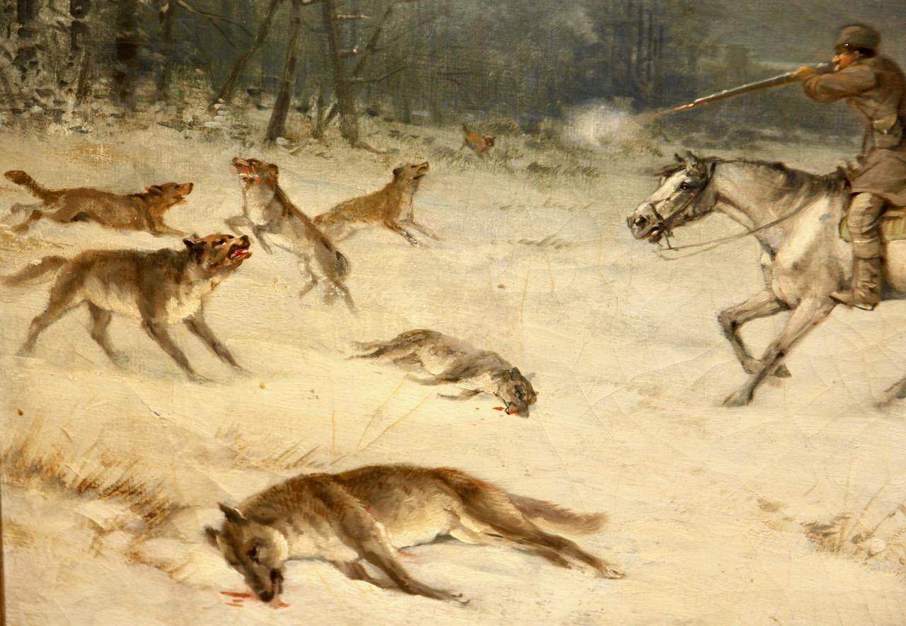 Josef Mathauser, 19e siècle, scène de chasse dans une forêt hivernale, « La chasse au loup » en vente 5