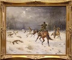Antique Josef Mathauser, 19th Century, Hunting Scene in a Wintry Forest, "The Wolf Hunt"