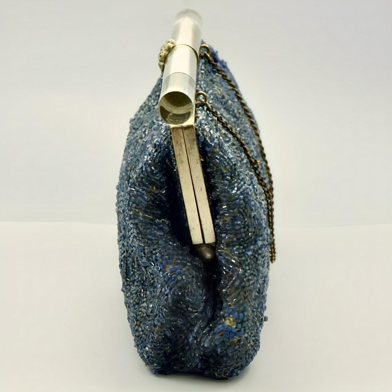 Gray Josef Mid Blue Beaded Bag with Lucite and Rhinestones Clasp circa 1930s For Sale