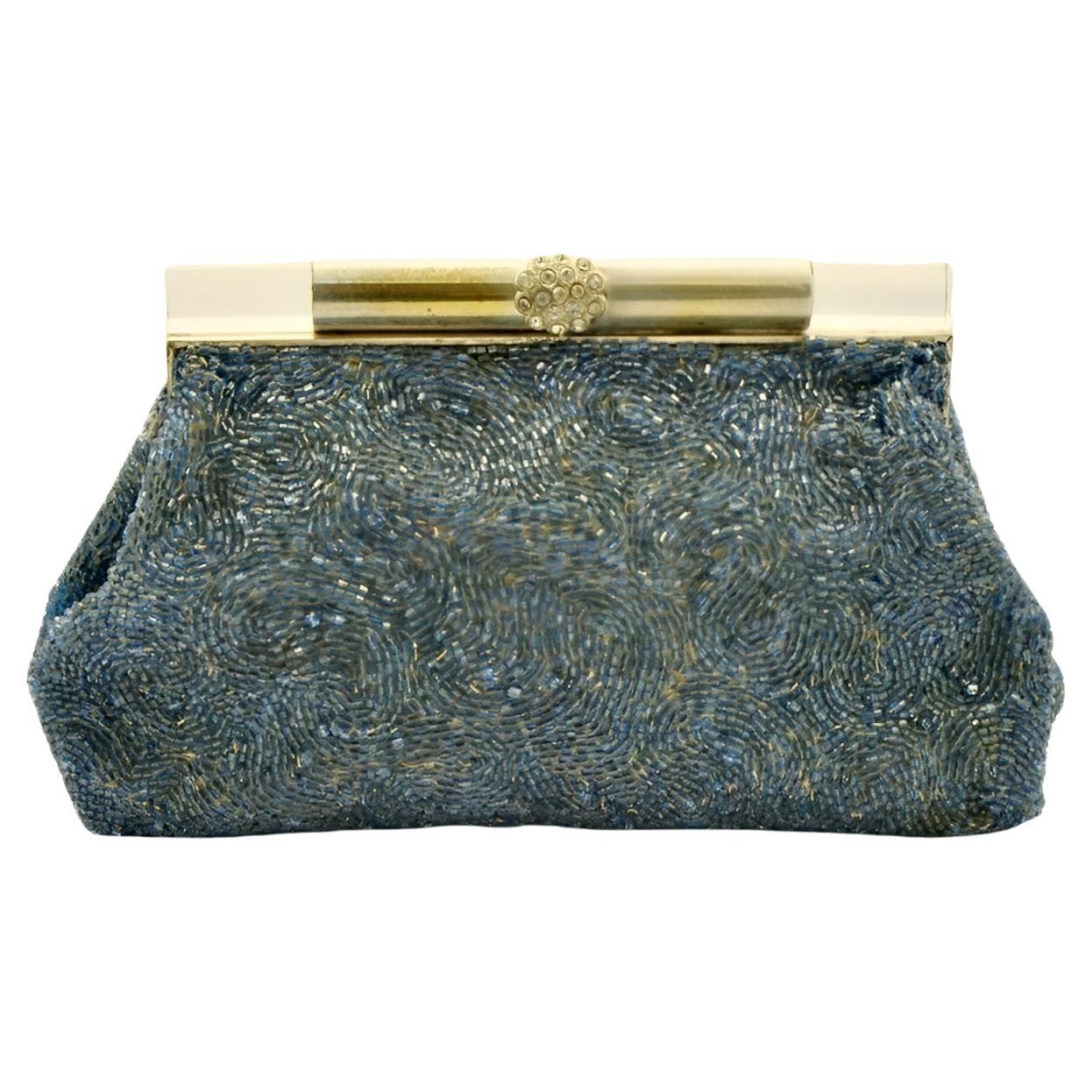 Josef Mid Blue Beaded Bag with Lucite and Rhinestones Clasp circa 1930s For Sale