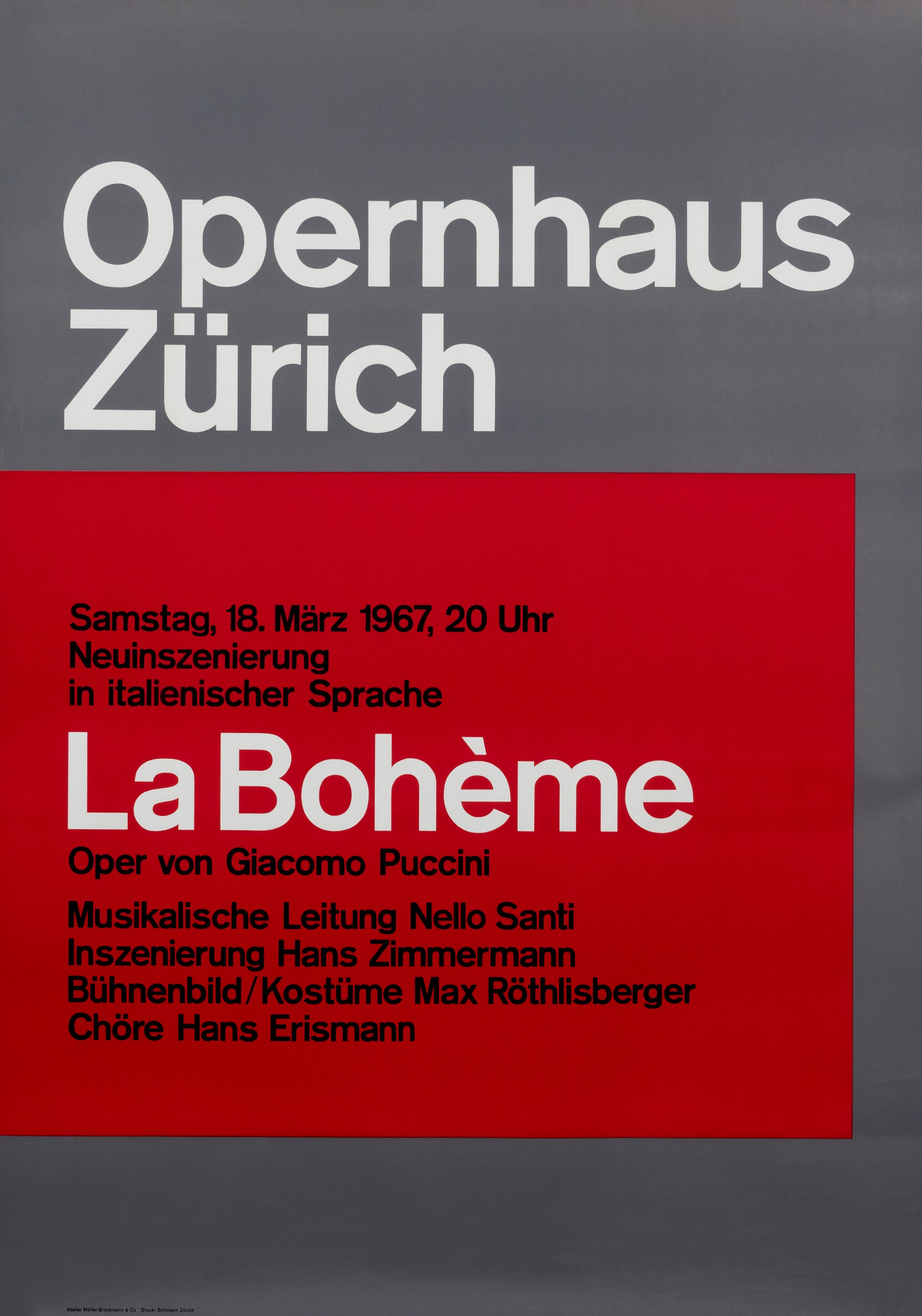 "Opernhaus Zurich -  La Boheme" Swiss Puccini Opera Original Vintage Poster - Print by Josef Müller-Brockmann