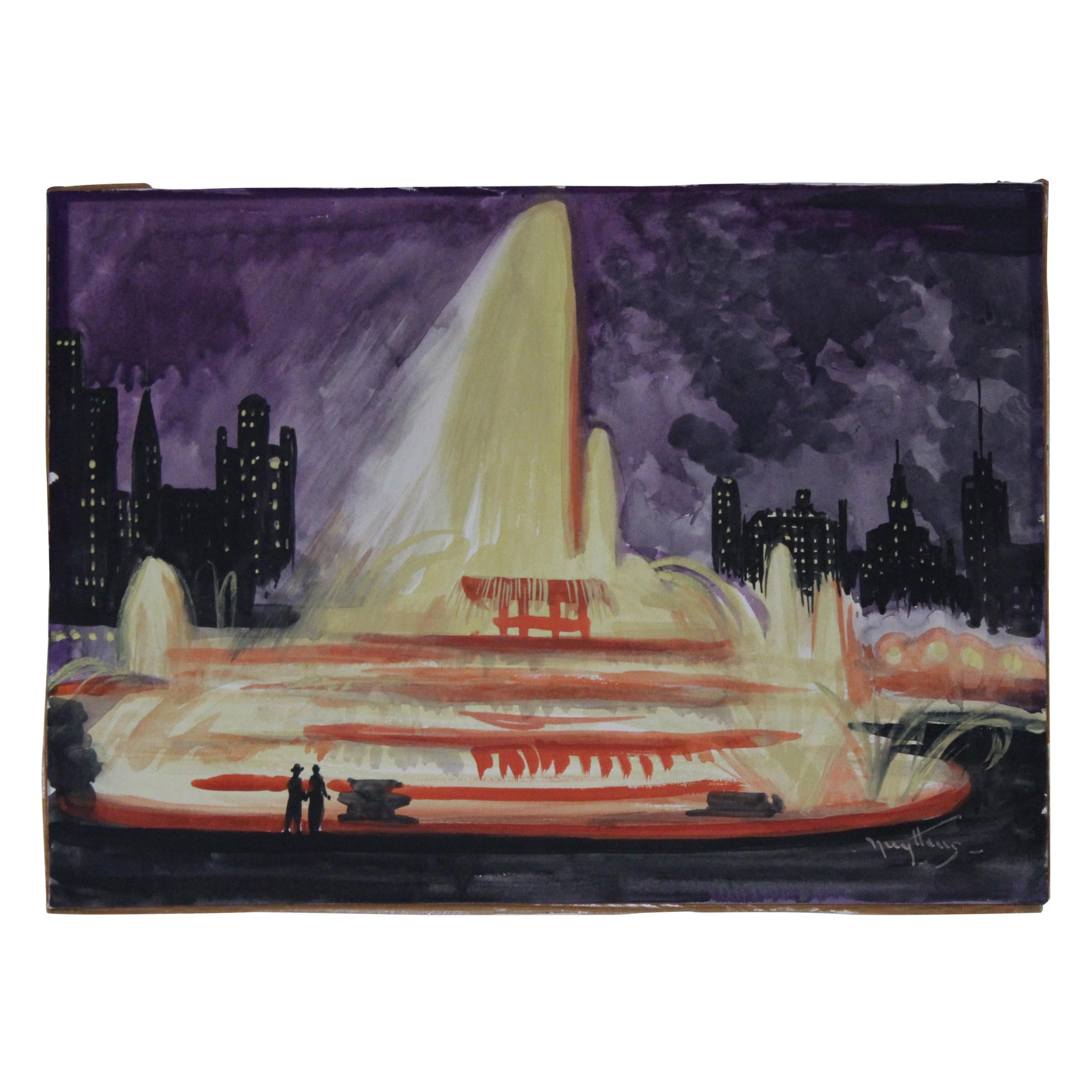 Josef Pierre Nuyttens, Buckingham Fountain Chicago Watercolor For Sale