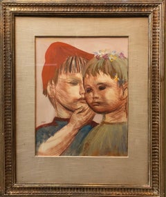Polish Expressionist Profile Portrait Drawing TWO CHILDREN
