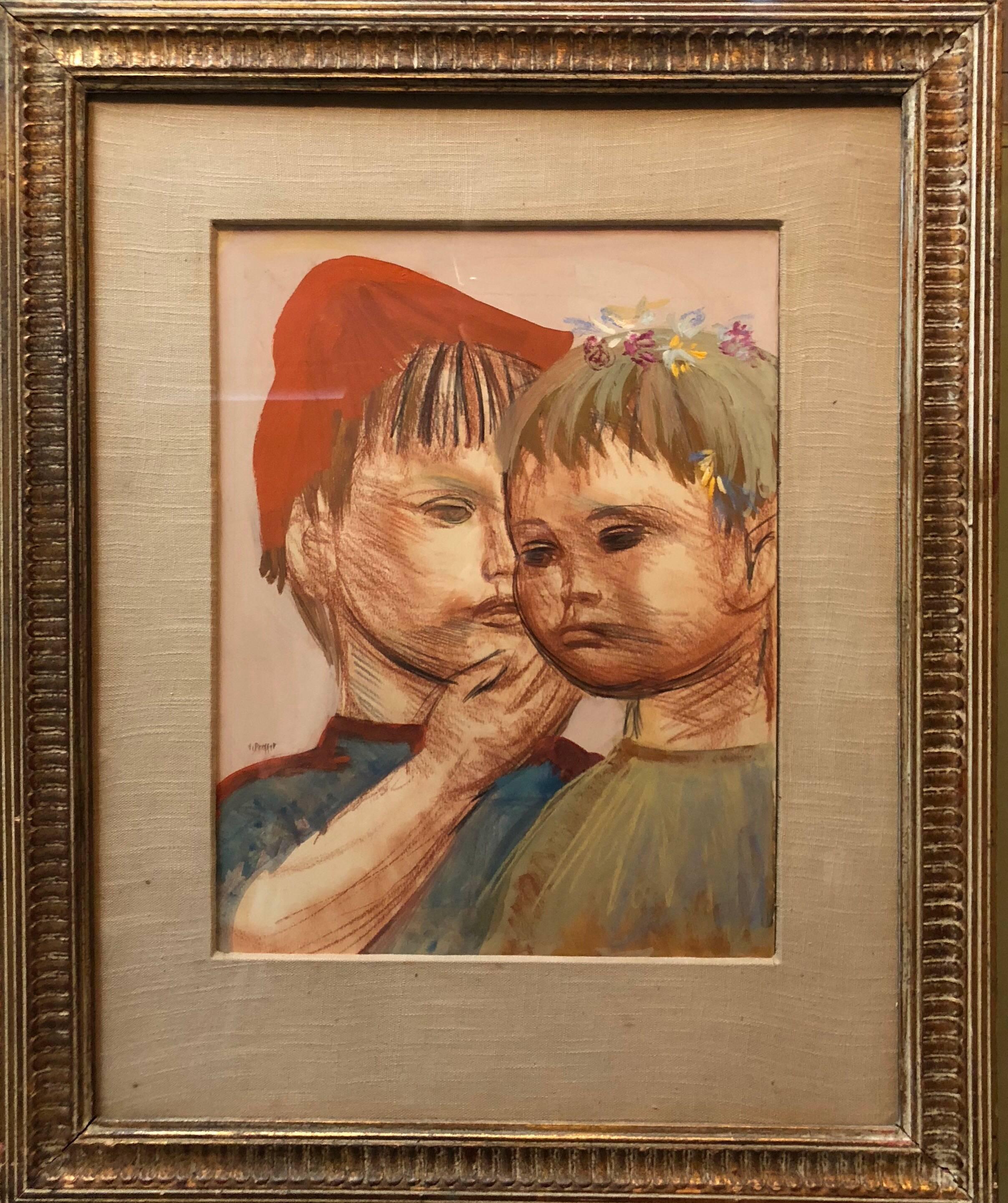 Polish Expressionist Profile Portrait Drawing TWO CHILDREN - Painting by Josef Presser