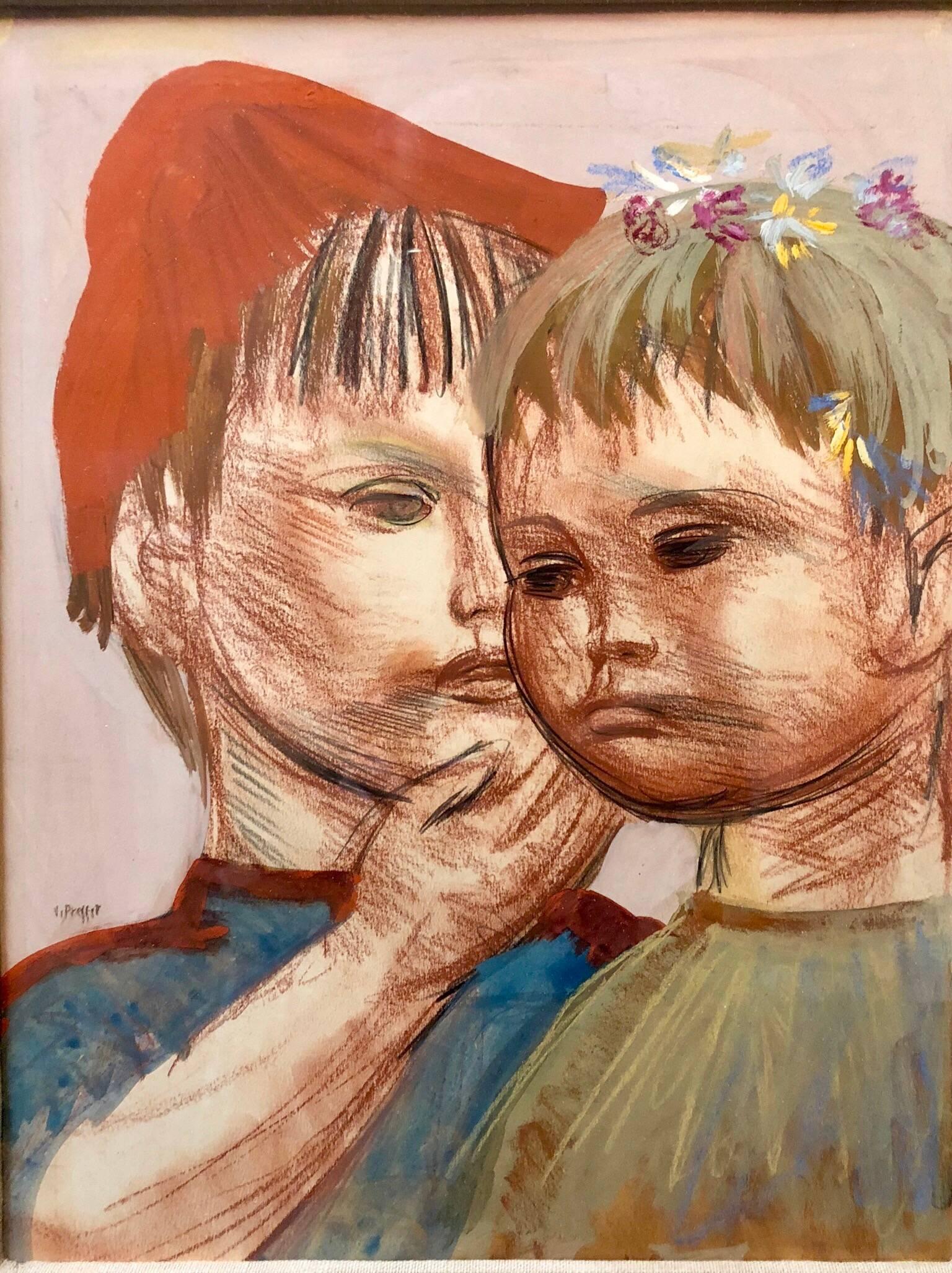Josef Presser Figurative Painting - Polish Expressionist Profile Portrait Drawing TWO CHILDREN