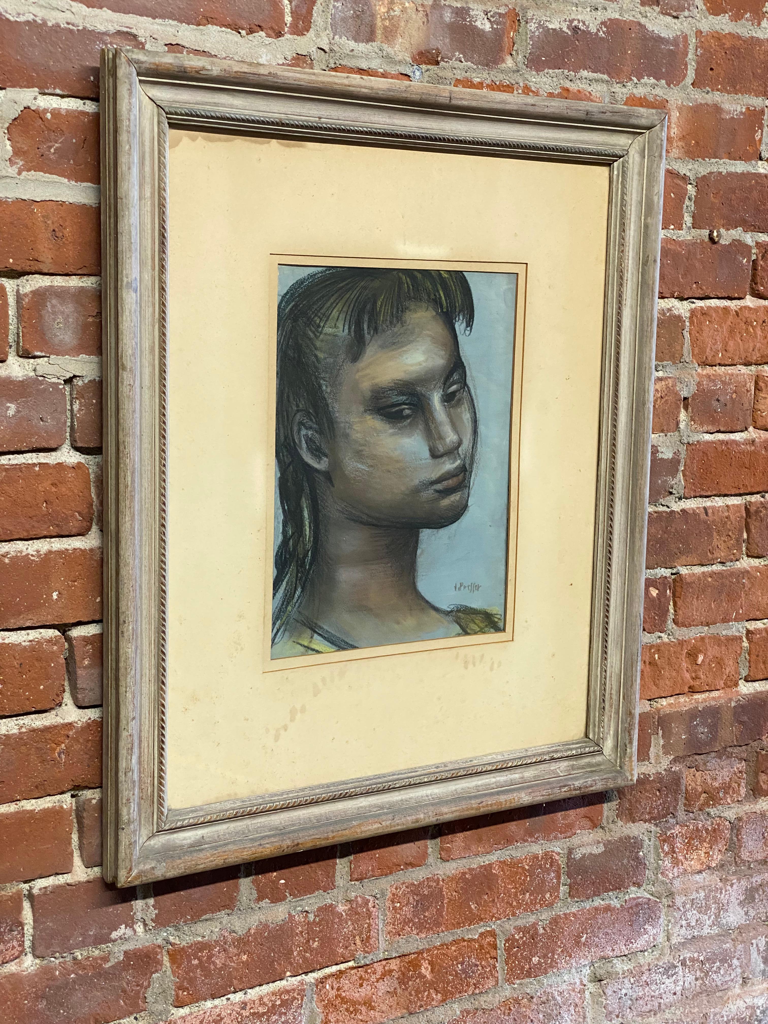 Josef Presser (1907-1967) pastel and charcoal Portrait of a Woman on paper. Circa 1950. Presser uses an expressive hand and renders a 3/4 a striking 3/4 close up portrait. The approximate site dimensions are 9.5