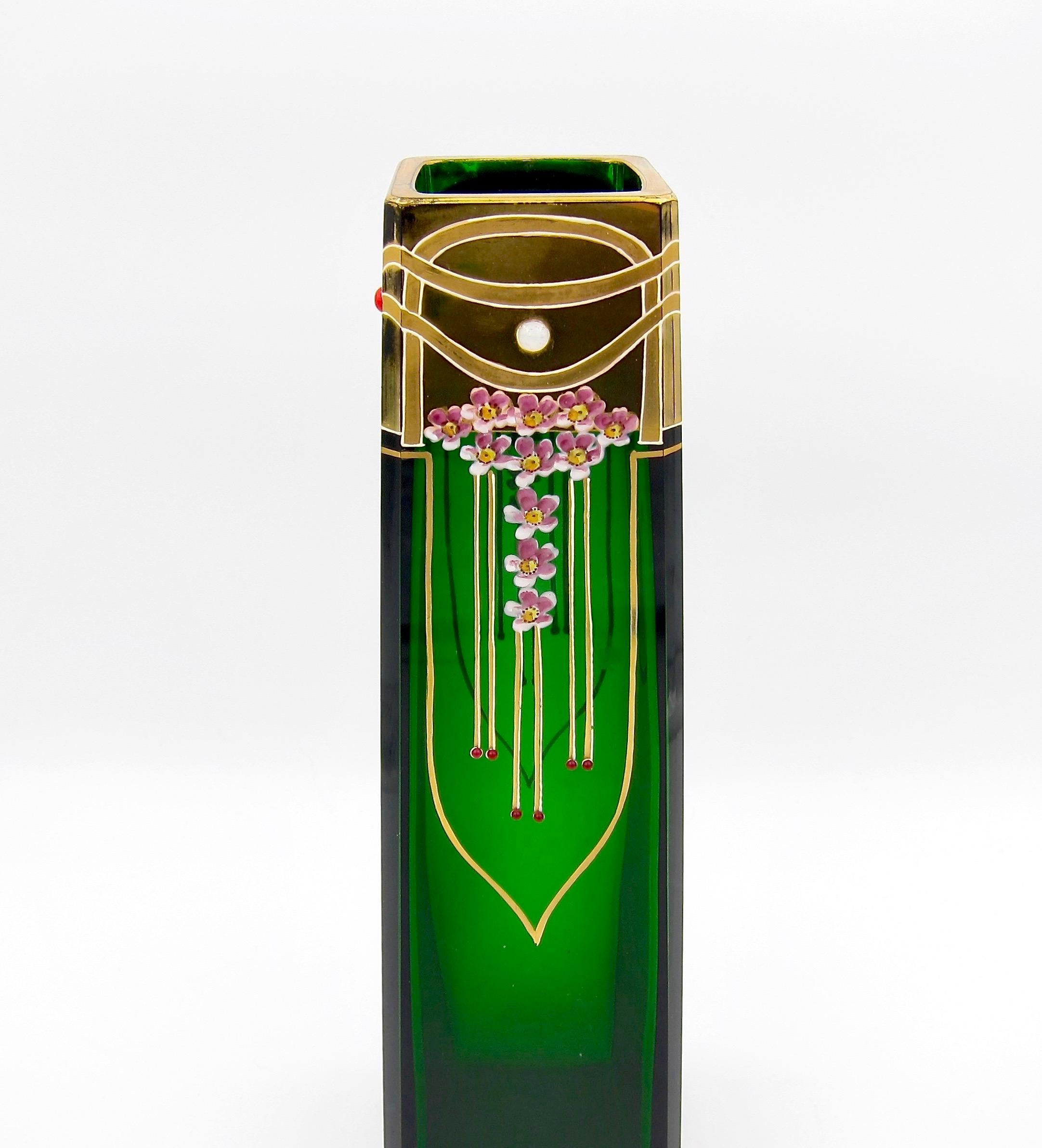Austrian Josef Riedel Jeweled and Enameled Jugendstil Glass Vase