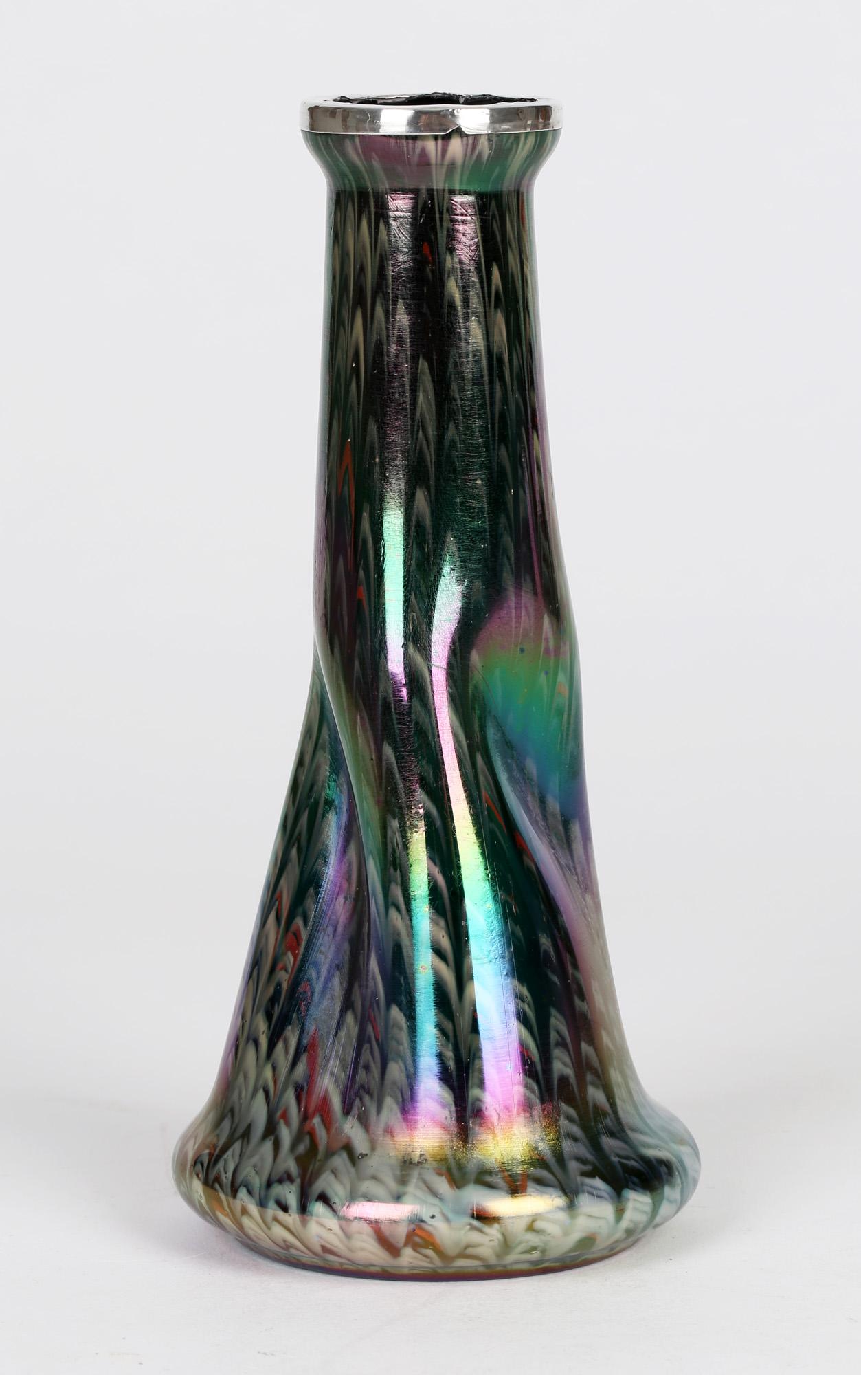 Josef Rindskopf Art Nouveau Iridescent Silver Rimmed Art Glass Vase 1