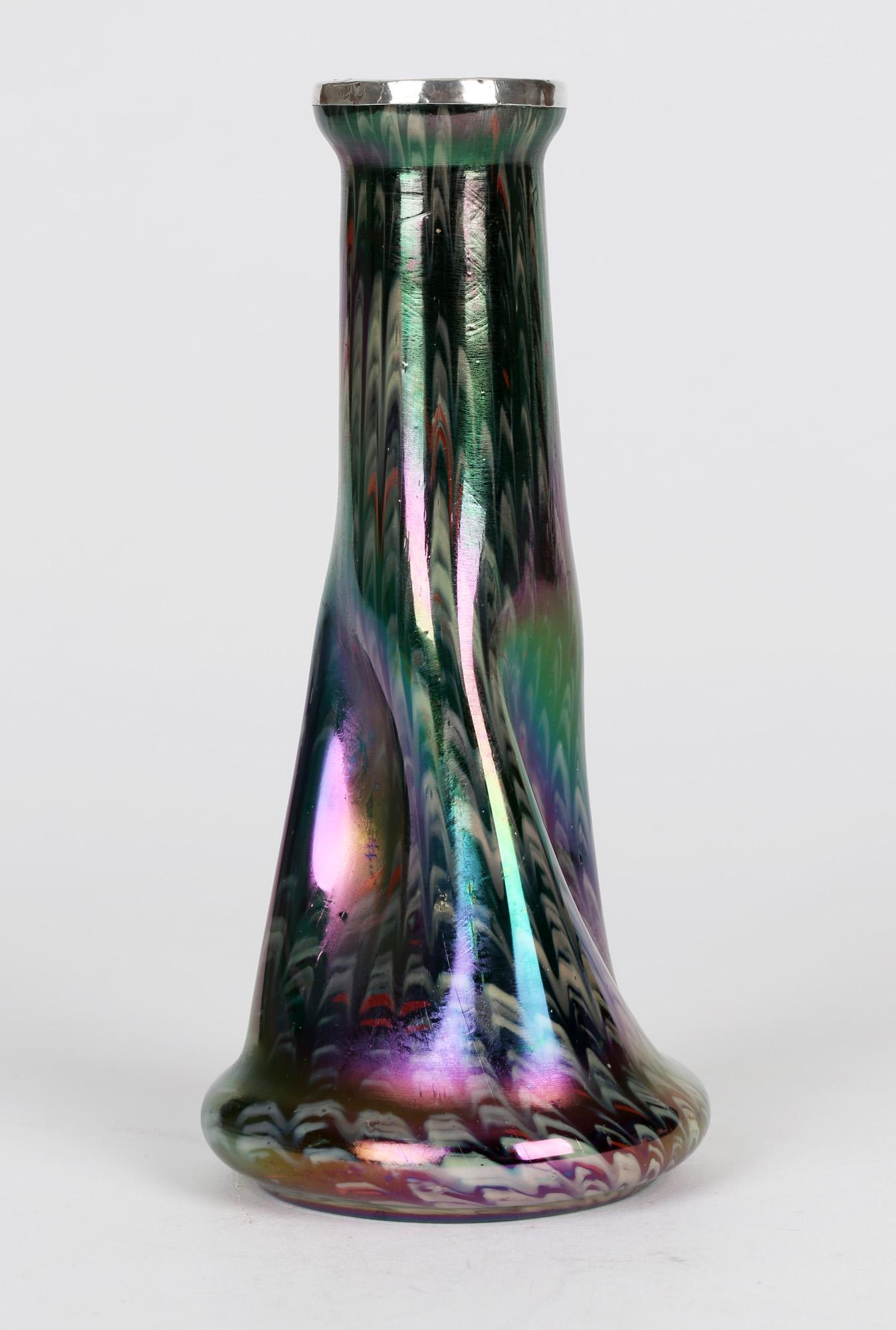 Josef Rindskopf Art Nouveau Iridescent Silver Rimmed Art Glass Vase In Good Condition In Bishop's Stortford, Hertfordshire