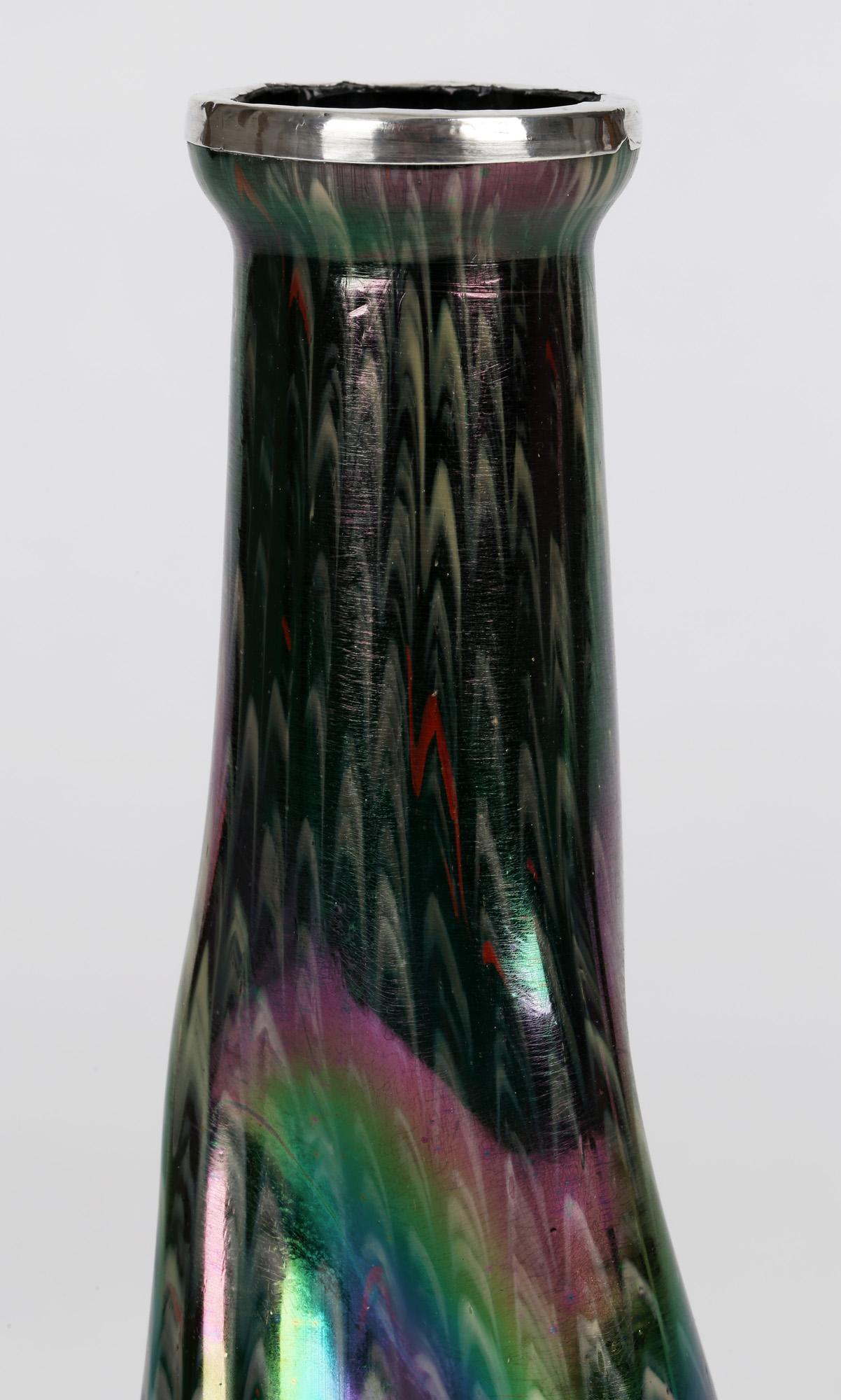 Early 20th Century Josef Rindskopf Art Nouveau Iridescent Silver Rimmed Art Glass Vase