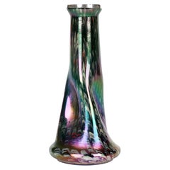 Josef Rindskopf Art Nouveau Iridescent Silver Rimmed Art Glass Vase