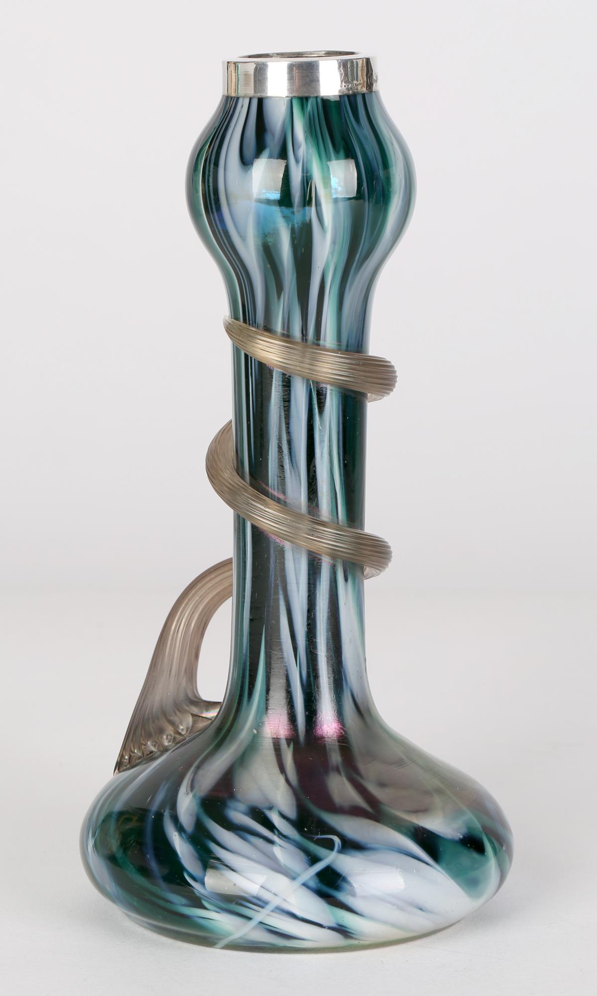 Hand-Crafted Josef Rindskopf Austrian Art Nouveau Silver Mounted Iridescent Art Glass Vase For Sale