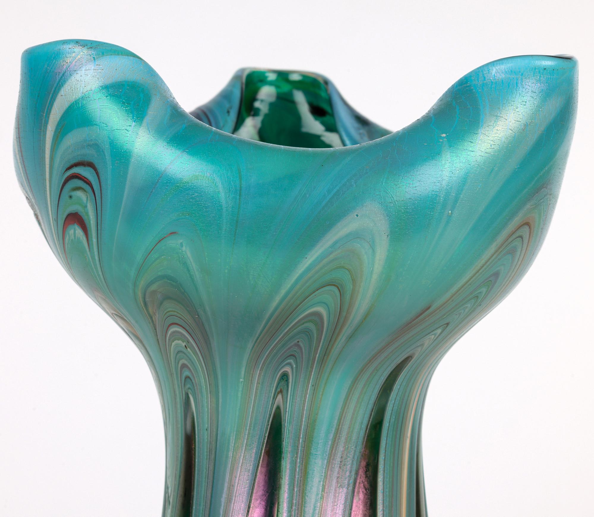 Josef Rindskopf Bohemian Pulled Feather Iridescent Art Glass Vase For Sale 3
